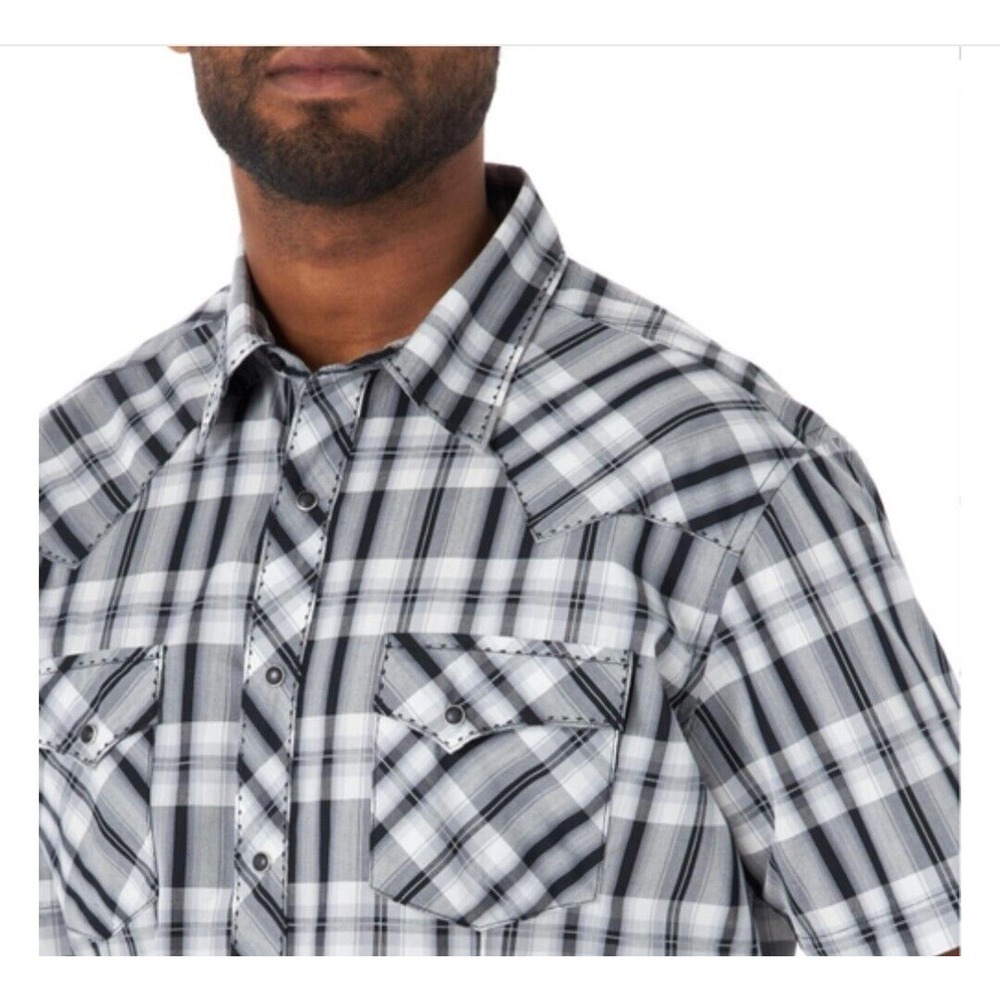 Wrangler Western Shirt Mens L Black Plaid Pearl‎ Snap Short Sleeve MVG325K Rodeo - Picture 3 of 11